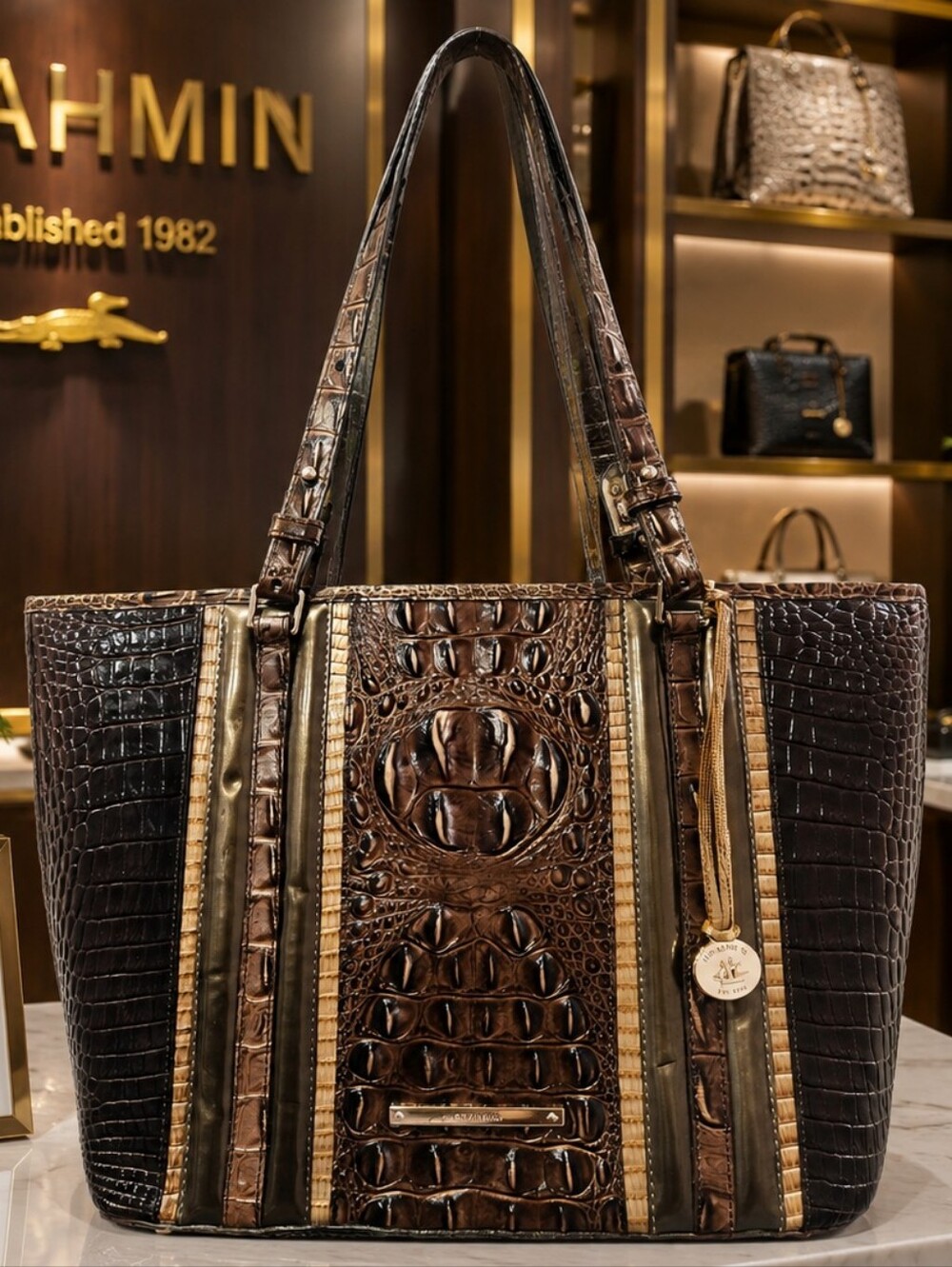 Brahmin Medium Asher Croc Embossed Brown & Gold Leather Tote Bag